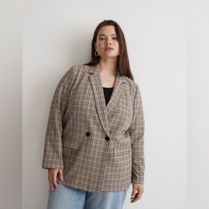 NWOT Madewell Plus Caldwell Double-Breasted Blazer Prejean Plaid Tan Blue - 2X